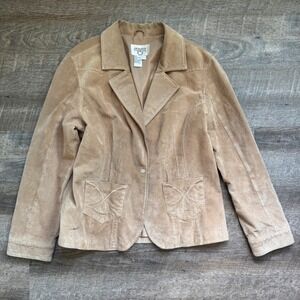 Cervelle Tan Suede Leather Western Blazer Jacket Embroidered Pockets Size L BOHO